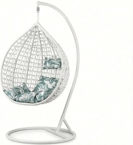 Biele závesné kreslo KOKON so stojanom, zeleno-biely vankúš