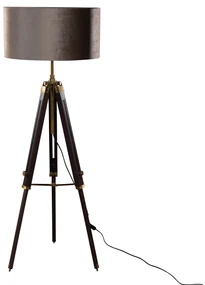 Mosadzná stojaca lampa na trojnožke s tienidlom zo sivého zamatu 50 cm - Cortin