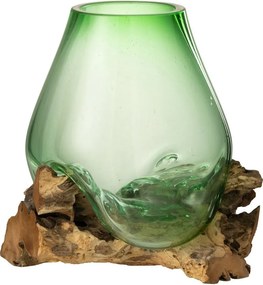 Zelená sklenená váza na dreve Gamal L - 29*27*33 cm