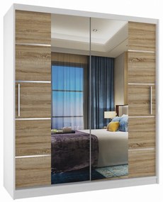 Šatníková skriňa 133 cm Belini biely mat / dub sonoma s posuvnými dverami zrkadlom a zásuvkami ME SZP6/1/W/DS/0/KLAL