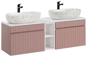Závěsná skříňka Iconic Lili s deskou a umyvadly 140 cm růžová/bílá