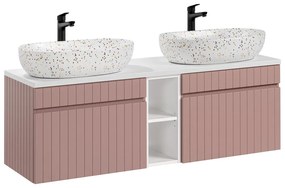 Závěsná skříňka Iconic Lili s deskou a umyvadly 140 cm růžová/bílá
