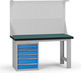 Pracovný stôl do dielne G8 s nadstavbou, 1500 x 750 x 800 mm, 1x kontejner, 6 zásuviek, modrá