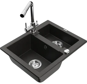 Mexen Carlos, 1,5-komorový granitový drez 582x475x177 mm a drezová batéria Duero, čierna-zlatá metalíza, 6518-75-671600-00