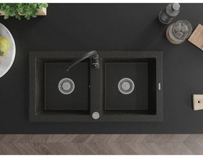 Mexen Mario, 2-komorový granitový drez 82x44 cm s kuchynskou batériou Telma, čierna-zlatá, 6504-75-670200-70