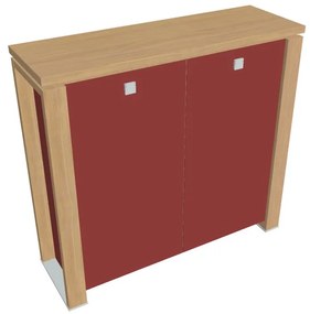 Stredná skriňa Verno+ S 140 x 46 x 130 cm, sklenené dvere, dub svetlý / červená