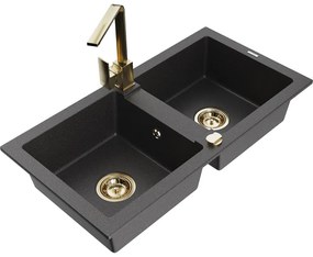 Mexen Mario, granitový drez 820x436x161 mm, 2-komorový, čierna škvrnitá so zlatým sifónom a zlatá drezová batéria Rita, 6504-76-670300-50