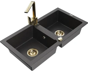 Mexen Mario, granitový drez 820x436x161 mm, 2-komorový, čierna škvrnitá so zlatým sifónom a zlatá drezová batéria Rita, 6504-76-670300-50