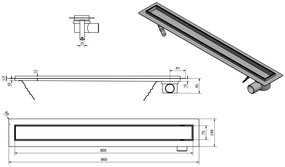 Aqualine, Nerezový sprchový kanálik s roštom pre dlažbu, 860x140x92 mm, 2710-90