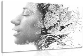 Obraz žena s maľovanými kvetmi v čiernobielom prevedení - 60x40