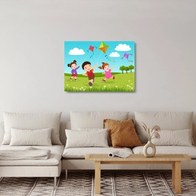 Sklenený obraz - Deti púšťajú draka (70x50 cm)