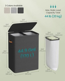 Kôš na prádlo s 2 priehradkami 170 L, 56x40x75 cm, čierny