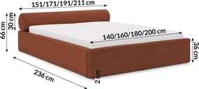 Čalúnená dvojlôžková posteľ s úložným priestorom s roštom 140x200 cm v terakotovej farbe Cille – Ropez