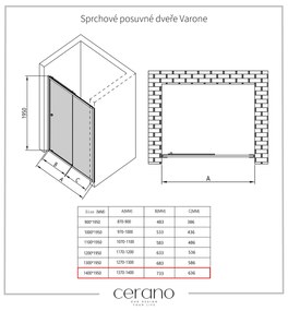 Cerano Varone, sprchovací kút s posuvnými dverami 140 (dvere) x 100 (stena) x 195 cm, 6mm číre sklo, chrómový profil, CER-CER-DY505-140100