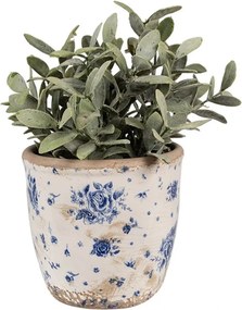Béžový keramický obal na kvetináč s modrými ružami Blue Rose S - Ø 13*12 cm