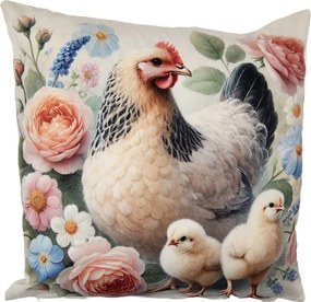 Béžová obliečka na vankúš so sliepočkou a kuriatkami - 45*45cm