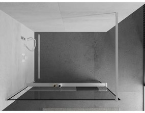 Mexen Kioto+, sprchová zástena Walk-In s poličkou a vešiakom 140 x 200 cm, 8mm číre sklo čierny vzor, biely profil, 800-140-121-20-70