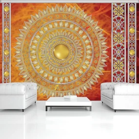 Fototapeta - Zlatá mandala v červenej (152,5x104 cm)