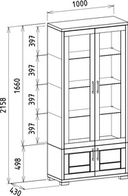 Vysoká presklená moderná dubová vitrína, 100x43x215,8 cm
