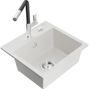 Mexen Milo, 1-komorový granitový drez 435x410x171 mm a drezová batéria Flora, biela, 6505-20-670401-07