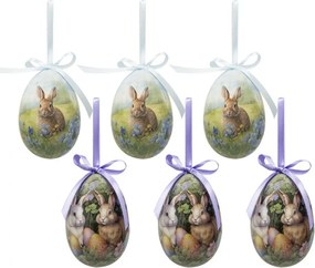 6ks dekorácie závesné vajíčko s zajačikmi Spring Egg - Ø 7*10 cm