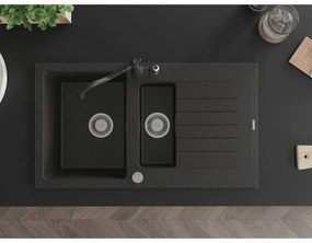 Mexen Matias, granitový drez 900x505x200 mm, 1,5-komorový a drezová batéria Carla, čierna-zlatá metalíza, 6502-75-670700-70