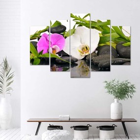 Obraz na plátně pětidílný Orchidejové bambusové kameny - 200x100 cm