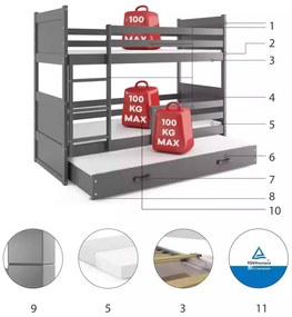 Interbeds Poschodová posteľ Rico 3 trojmiestna 190cm x 80cm sivá