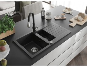 Mexen Matias, 1,5-komorový granitový drez 900x505x200 mm a drezová batéria Savita, čierna-strieborná metalíza, 6502-73-672601-70
