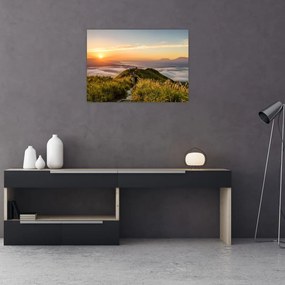 Sklenený obraz hory pri západe slnka (70x50 cm)