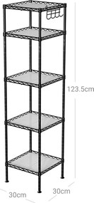 Kovový regál 5-úrovňový, s odnímateľnými háčikmi, čierny