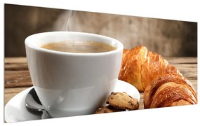Obraz šálky kávy a croissantu (120x50 cm)