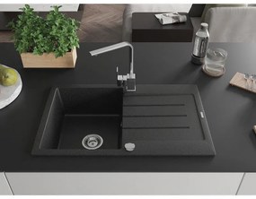 Mexen Bruno, drez granitový 795x495x200 mm, 1-komorový, čierna-strieborná metalíza s chrómovým sifónom a chrómová drezová batéria Rita, 6513-73-670300-00