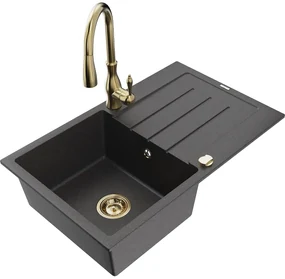 Mexen Bruno, 1-komorový granitový drez 795x495x200 mm a drezová batéria Savita, čierna škvrtnitá, 6513-76-672601-50