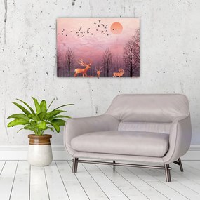 Sklenený obraz - Jelene v žiare zapadajúceho slnka (70x50 cm)