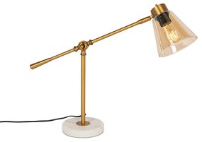 Stolná lampa v štýle Art Deco bronzová s mramorom a jantárovým sklom - Nina