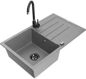 Mexen Bruno, 1-komorový granitový drez s odkvapkávačom 795x495x200 mm a čierna kuchynská batéria Telma, šedá, 6513-71-670200-70-B