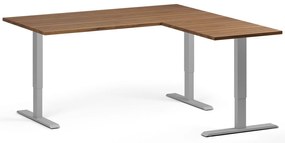 Výškovo nastaviteľný stôl, 160x160 cm, 3 motory, L/P, sivá podnož, orech