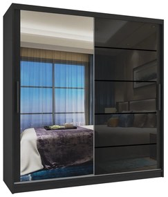 Šatníková skriňa 158 cm Belini čierny mat / čierny lesk s posuvnými dverami zrkadlom a zásuvkami  MGB SZP7/0/B/1L5B/KLP