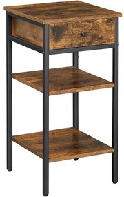 Nočný stolík, vysoký príručný stolík, s 1 zásuvkou a 2 policami, rustikálny hnedý