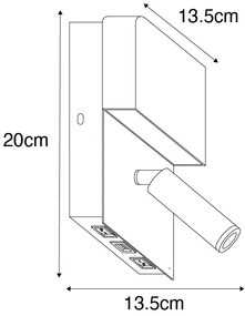 Nástenná lampa čierna vrátane LED s USB a lampou na čítanie s vypínačom - Robin