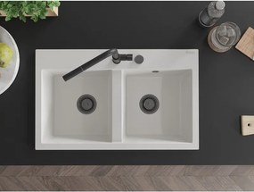 Mexen Hektor, 2-komorový granitový drez 800x480x205 mm, biela, grafitový sifón, 6521802000-20-B