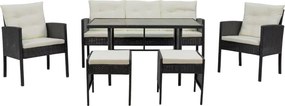 Garden Line SÚPRAVA RATANOVÉHO NÁBYTKU „VADUZ“ (SOFA + 2 KRESLÁ + 2 PUFFY + STÔL) ČIERNA + KRÉMOVÉ VANKÚŠE *9583