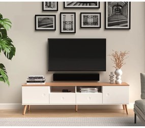 Biely TV stolík s detailmi v dekore dubového dreva Tenzo Dot, šírka 192 cm