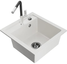 Mexen Vito, 1-komorový granitový drez 490x520x210 mm a drezová batéria Flora, biela, 6503-20-670401-07-B