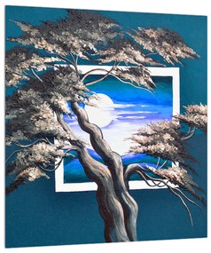 Modrý obraz stromu a východu slnka (30x30 cm)