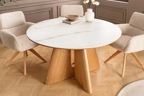 Okrúhly keramický jedálenský stôl Yenibeth 120 cm biely mramor / dub