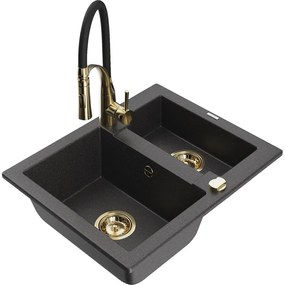 Mexen Carlos, 1,5-komorový granitový drez 582x475x177 mm a drezová batéria Aster, čierna škvrnitá, 6518-76-73450-57-G