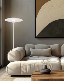 Stojaca podlahová LED lampa LUND, biele tienidlo tanier