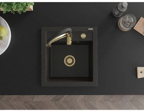 Mexen Vito, 1-komorový granitový drez 490x520x210 mm a drezová batéria Aster, čierna-zlatá metalíza, 6503-75-73450-57-G